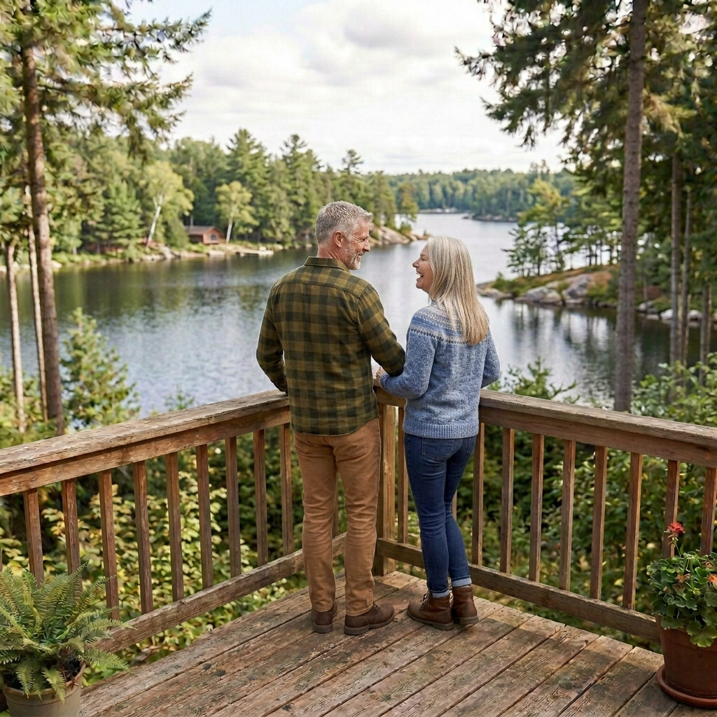 Middle-aged couple sitting on wooden deck bench laughing with mountain and forest background